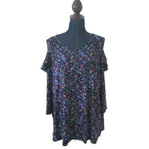 Susan Graver Black Floral Top Cold Shoulder Ruffle